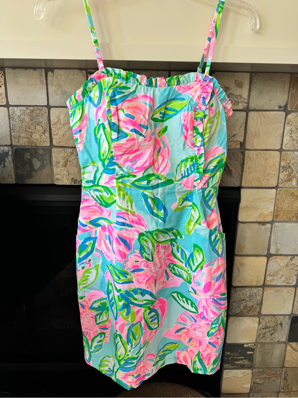 Tropical Floral Mini Dress Pink Aqua Ruffle Strappy Vacation Resort- worn once